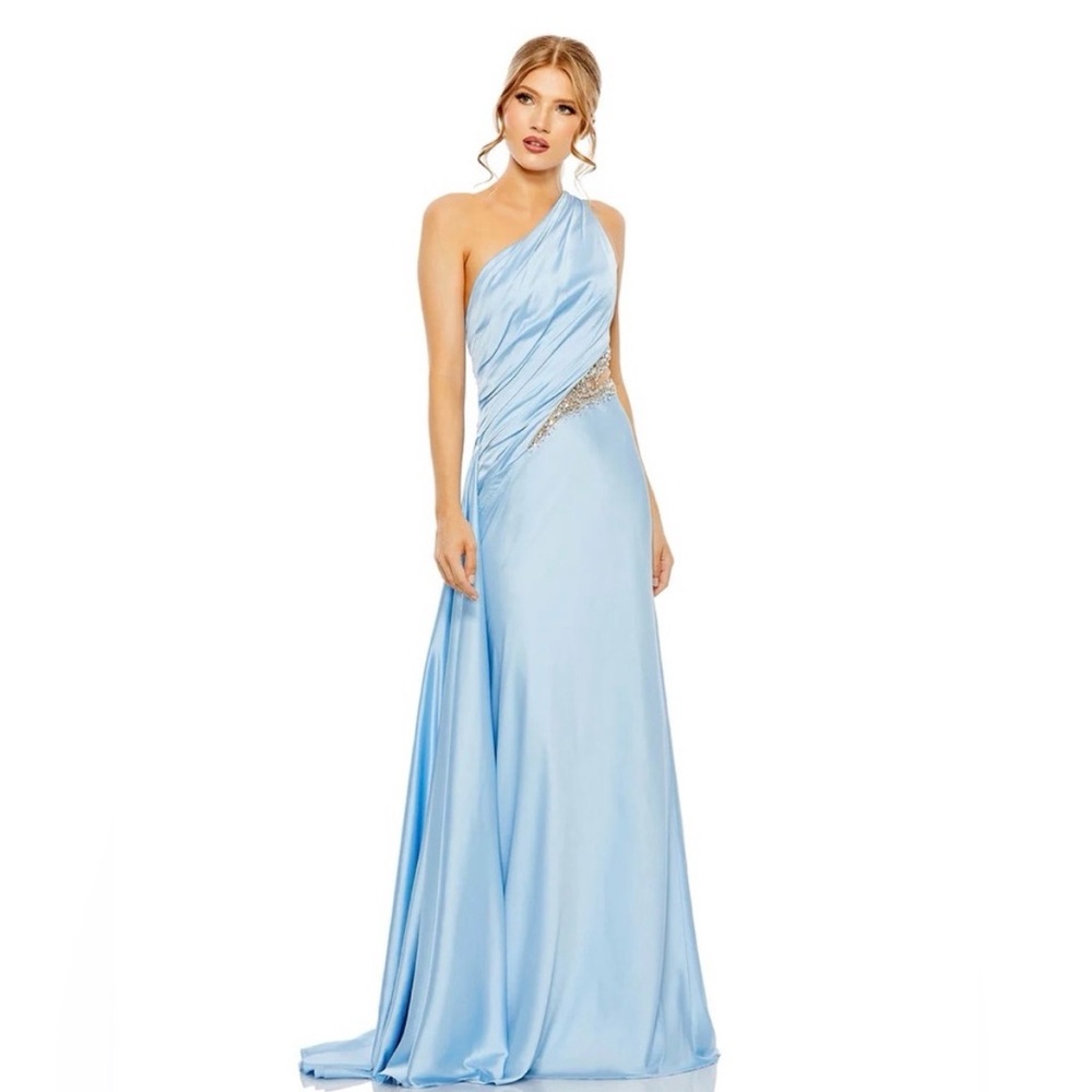 NWT $538 MAC DUGGAL ONE SHOULDER EMBELLISHED SATIN GOWN DRESS 2210 POWDER BLUE